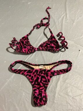 Pink and Black Leopard Print String Bikini Set 1077